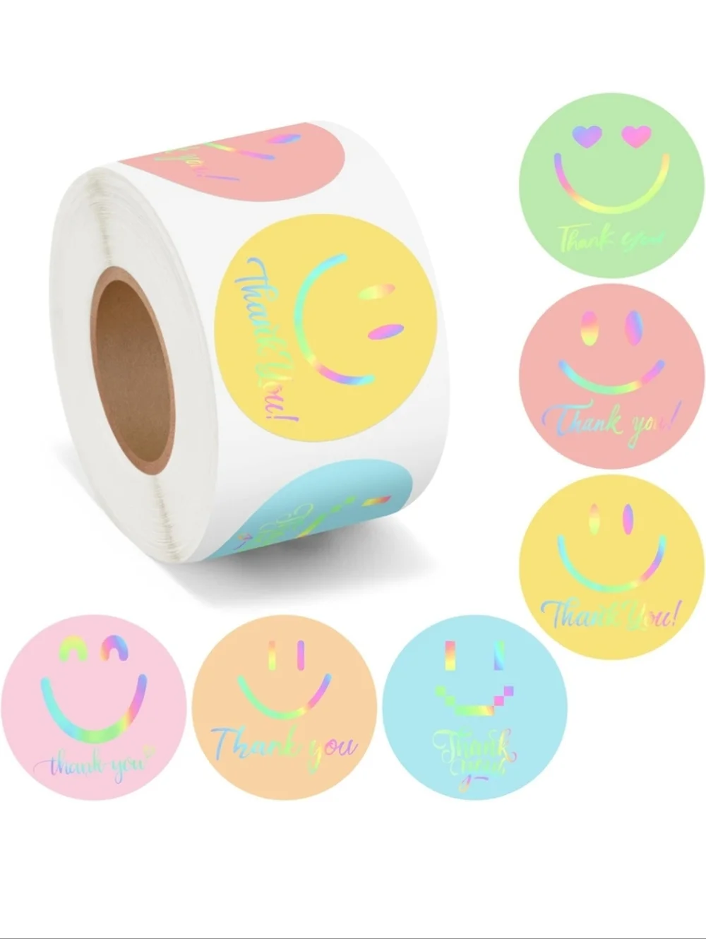 150 Holographic Pastel Thank You Smiley Sticker Labels 1.5